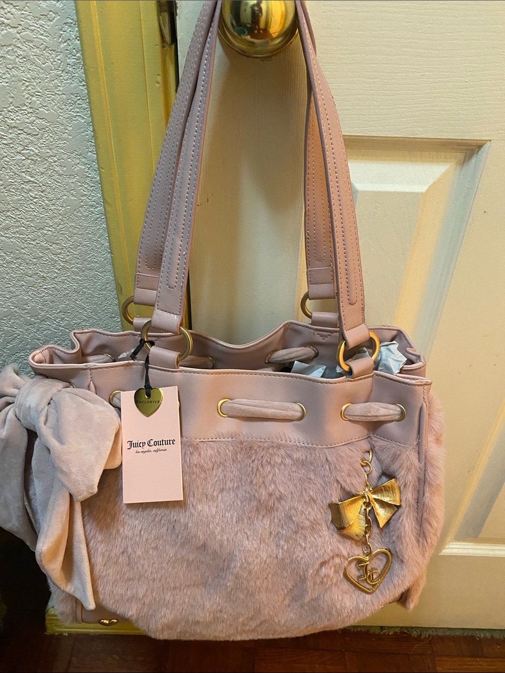 Juicy Couture Daydreamer Pale Pink Faux-Fur Shoulder Tote with Gold Charm